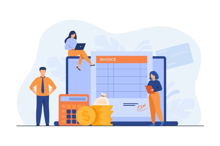 Tiny people preparing invoice on computer